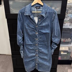 Akira Blue Denim Ruched Dress